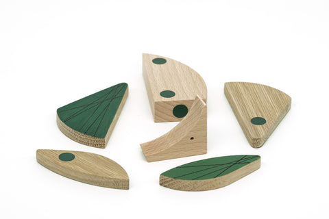 Set of wooden animal magnetic shapes with green accents on a white background