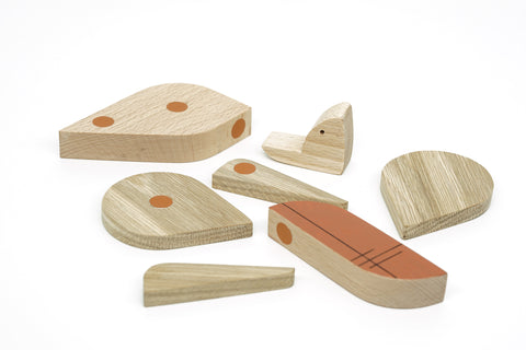 Set of wooden magnetic toy pieces on a white background