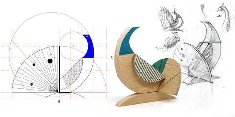 An abstract sculptural wooden peacock gift with curved geometric forms and striped patterned inserts, shown beside architectural-style line drawings and a blue color swatch on a white background.